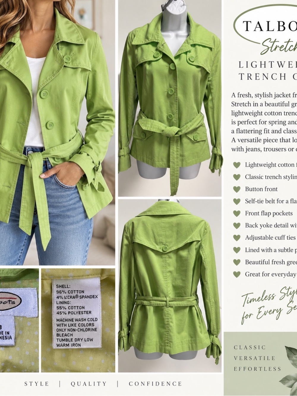 Talbots Stretch Lightweight Trench Coat - Fresh Green